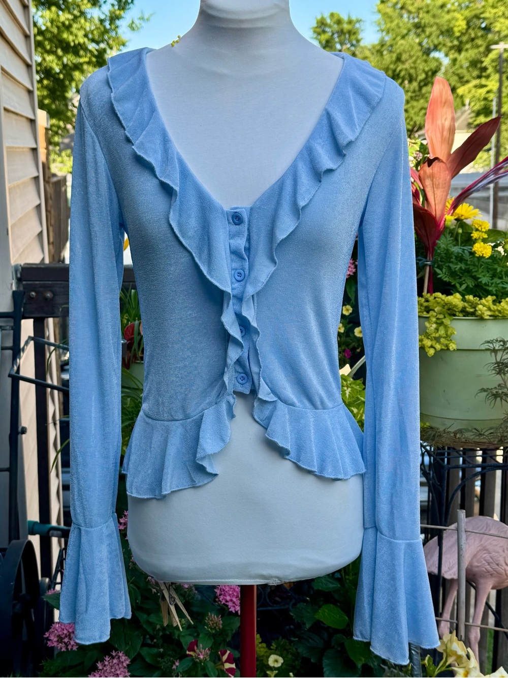 Light Blue Ruffle-Trim Button Cardigan - Picture 2 of 8